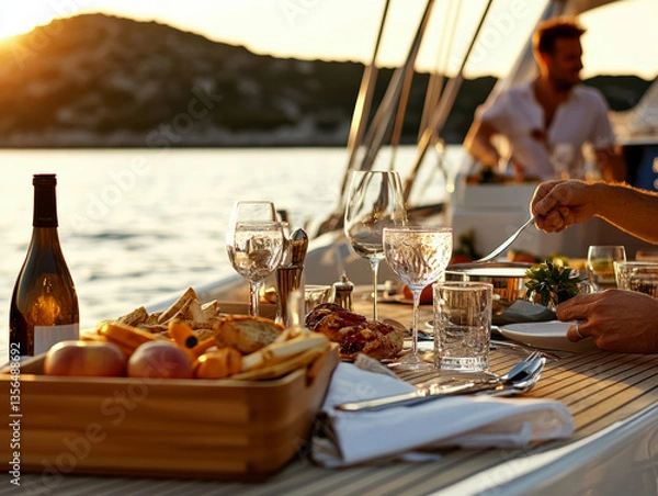 Fototapeta A table of food on a yacht at sunset.AI generative.