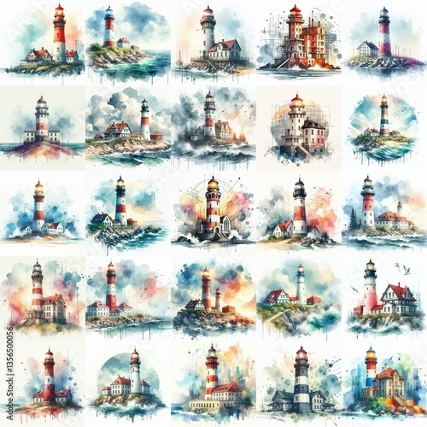 Obraz Lighthouse. Watercolor digital art. AI generated illustration