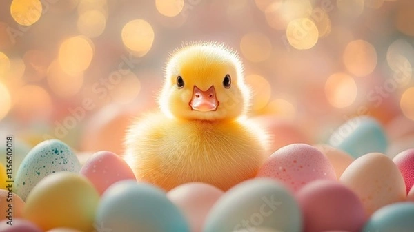 Obraz Cute yellow duckling surrounded by colorful eggs in a soft and bright environment