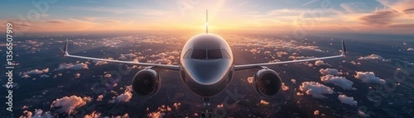 Fototapeta Realistic horizontal image of silver luxury generic design private jet flying over the earth. Empty blue sky with white clouds at background. Business travel a