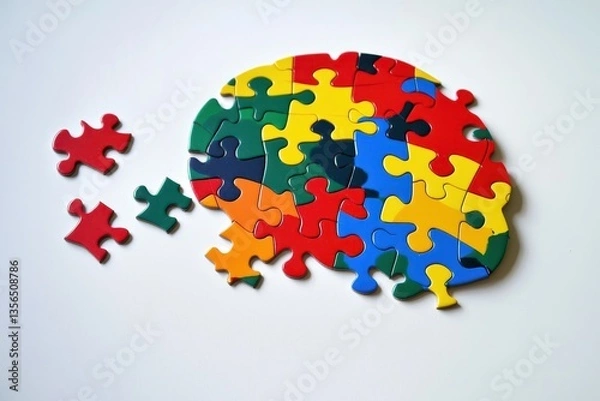 Fototapeta Mental Health Puzzle A brain-shaped puzzle with vibrant colors and a missing piece to represent mental health support