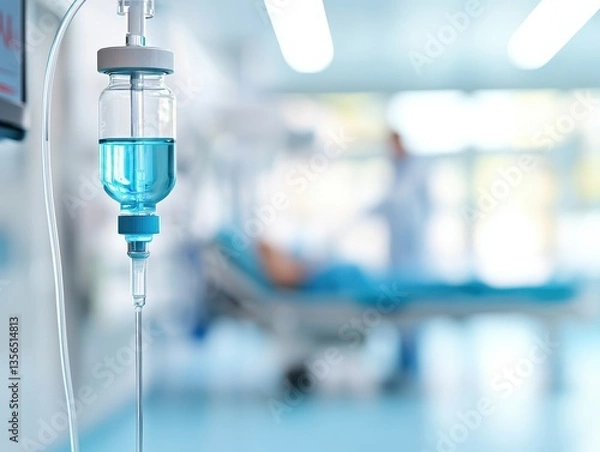 Fototapeta Medical fluid intravenous IV drip for patient in hospital room. Intravenous drip in a hospital setting, with a blurred background of medical staff and equipment.