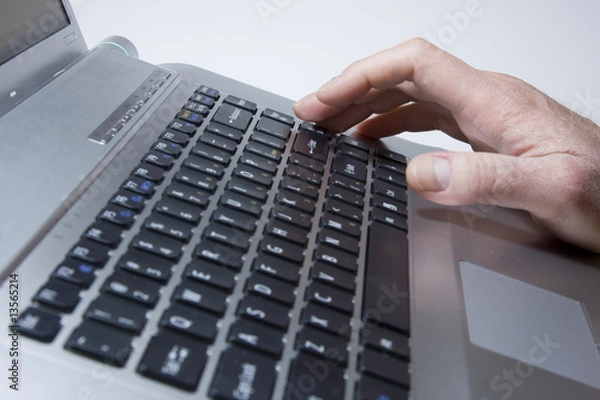 Obraz Notebook close-up photo, male hands typing on a laptop