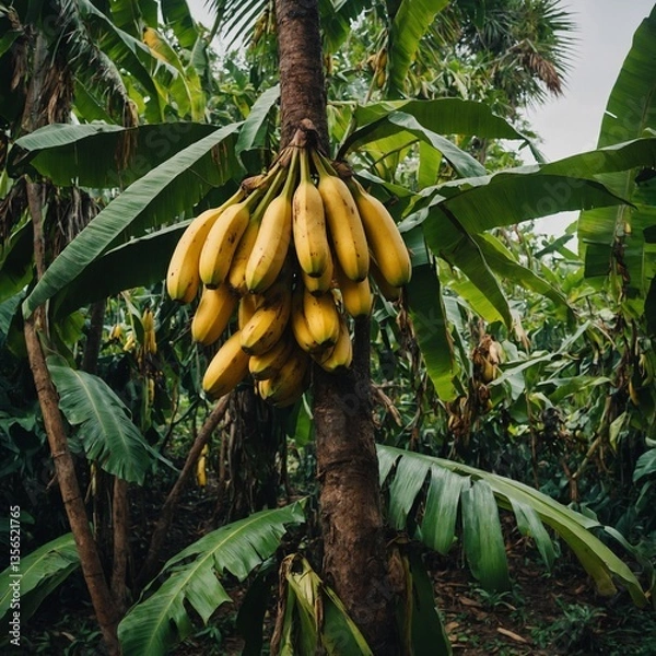 Fototapeta A bunch of fresh bananas hanging from a tropical tree branch.


