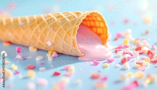 Fototapeta Spilled Ice Cream Cone with Pink Melt and Colorful Sprinkles