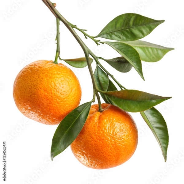 Fototapeta Two ripe mandarins on a branch with green leaves