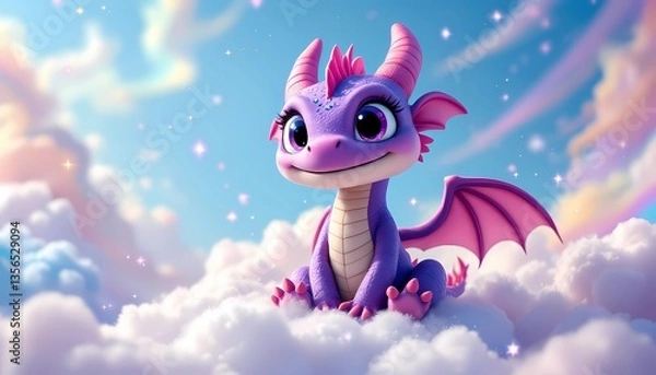 Obraz Adorable Purple Dragon Cartoon Sitting on Fluffy Clouds in Dreamy Sky
