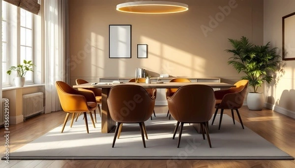 Obraz Modern Meeting Room with Brown Chairs and Wooden Table Interior