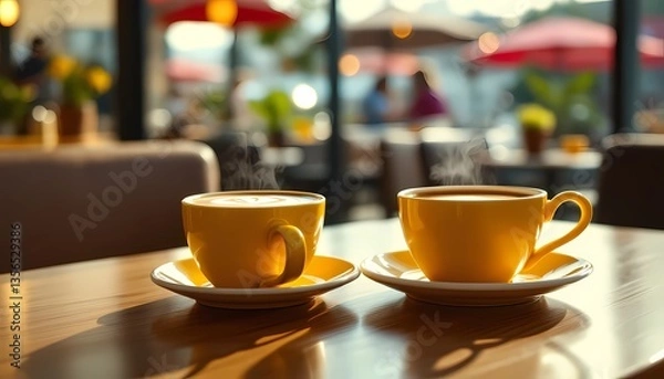 Obraz Two Steaming Cups of Coffee on a Table at Cafe Outdoor