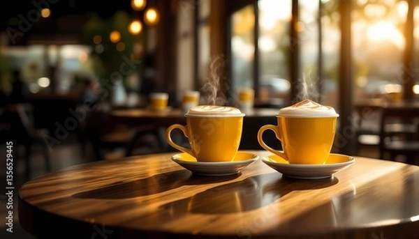 Obraz Two Steaming Coffee Cups on Wooden Table in Cozy Cafe Setting