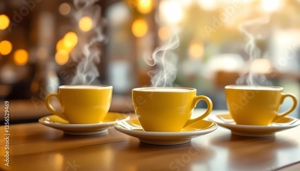 Obraz Steaming Yellow Coffee Cups on Table in Cafe with Bokeh Lights