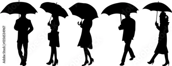 Obraz set of people under umbrella silhouette, vector