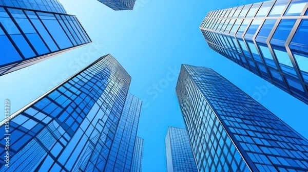Fototapeta Modern Metropolis: A Low-Angle View of Glass Skyscrapers Reaching for the Sky