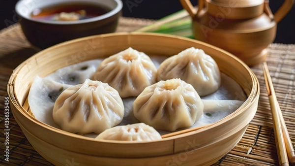 Obraz Chinese steamed dumpling and steamed pork bun in a bamboo steamer with chopstick