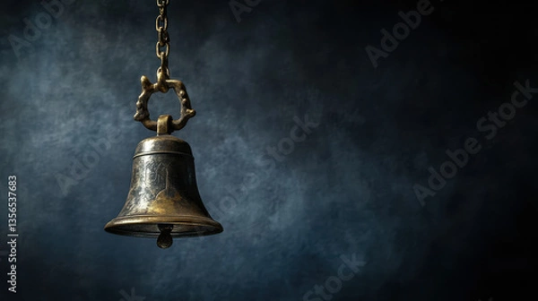 Fototapeta A vintage brass bell swinging from a delicate chain, captured in a hypnotic arc with a subtle motion blur effect. The aged patina of the metal adds character, contrasting beautifully against the dar