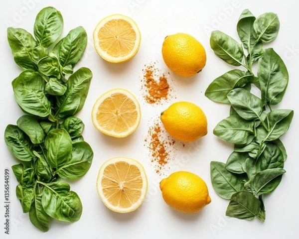 Fototapeta Ginger and lemons, full of life and green leaves, create a colorful, healthy presentation against a light backdrop