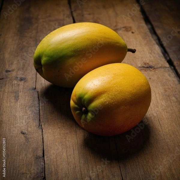 Fototapeta A plump, ripe mango with a reddish blush and yellow skin, lying on a wooden cutting board with detailed texture and lighting.


