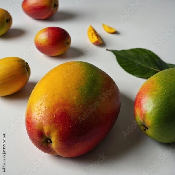 Fototapeta A plump, ripe mango with a reddish blush and yellow skin, lying on a wooden cutting board with detailed texture and lighting.


