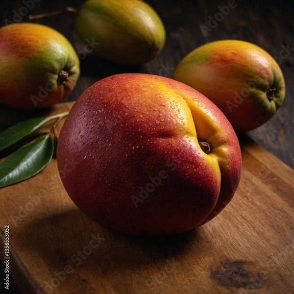 Fototapeta A plump, ripe mango with a reddish blush and yellow skin, lying on a wooden cutting board with detailed texture and lighting.


