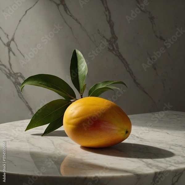 Fototapeta A plump, ripe mango with a reddish blush and yellow skin, lying on a wooden cutting board with detailed texture and lighting.


