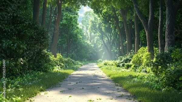 Fototapeta A peaceful forest trail bathed in warm morning light, surrounded by towering green trees.