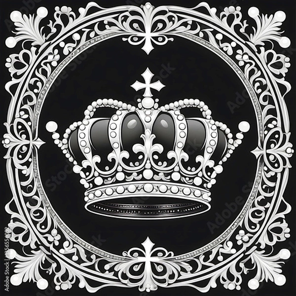Fototapeta  Abstract Black and white icon of a queens or kings crown include flowers frame around it, design and isolated against a black background symbolizing royalty and power in a minimalist logo format, 