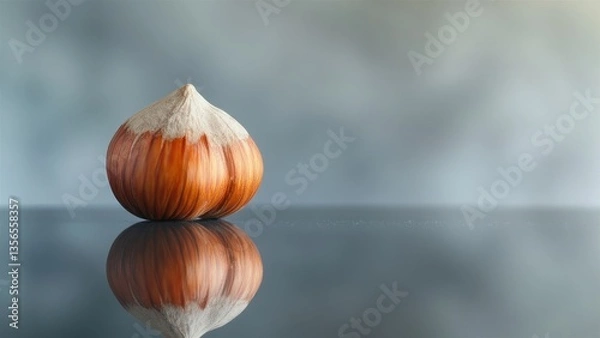 Fototapeta Single Hazelnut with Reflection on Smooth Surface