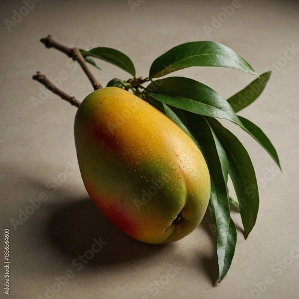 Fototapeta A natural, fresh mango with smooth, golden skin and a hint of green near the stem, resting on a neutral background under soft lighting.



