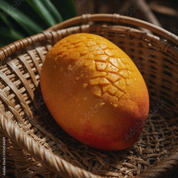Fototapeta A close-up of a tropical mango with a rich orange tone, tiny pores visible on its skin, sitting on a woven basket.


