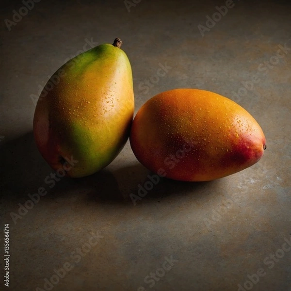 Fototapeta A close-up of a tropical mango with a rich orange tone, tiny pores visible on its skin, sitting on a woven basket.


