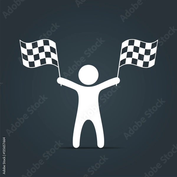 Fototapeta Man with checkered flag icon. Man holding flag. Vector isolated