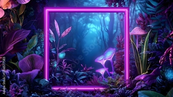 Obraz A vibrant, surreal forest scene framed by a glowing neon border, featuring colorful plants and mushrooms in a mystical atmosphere. Concept Surreal Forest Landscape, Neon Glow, Colorful Flora