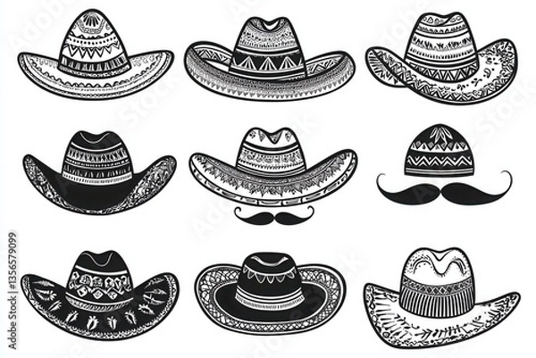 Fototapeta Collection of decorative sombrero hats and a mustache in black and white illustration style