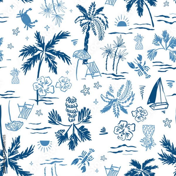 Fototapeta Blue indigo summer tropical beach seamless pattern Cute hand-drawn palm tree, vacation, coastal design, boat, lobster, sea island vector print, exotic wallpaper, textile, background. Tropic wrap paper
