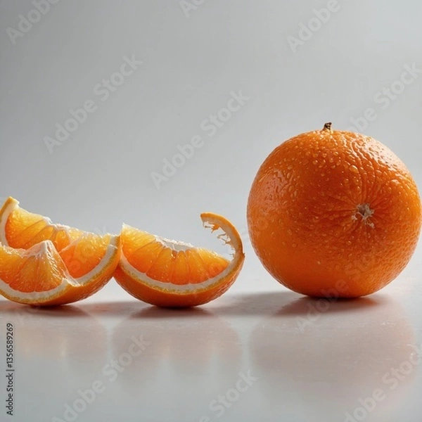 Fototapeta "A close-up of a juicy orange with a dimpled, bright orange peel, against a clean white background, realistic texture, no branding or stickers."


