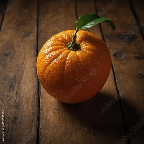 Fototapeta "A fresh, ripe orange with a textured peel, sitting on a wooden surface, realistic lighting and natural shadows, no labels or stickers."


