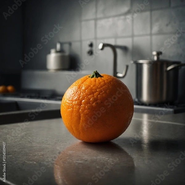 Fototapeta "A detailed image of a fresh orange resting on a kitchen counter, smooth yet bumpy skin, realistic lighting, no marks or stickers."


