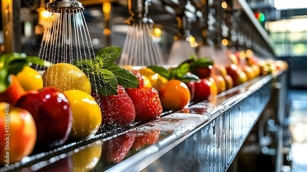 Fototapeta A conveyor belt with various fruits like apples, strawberries, and oranges being washed under water sprays. Concept Conveyor Belt Operation, Fruit Washing Process, Water Spray Mechanism