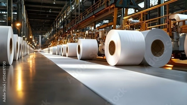 Fototapeta A large paper manufacturing facility with rows of white paper rolls and machinery in an industrial setting. Concept Industrial Paper Production, Machinery Operations, White Paper Rolls