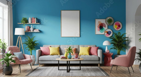 Obraz This living space features a gray sofa adorned with colorful cushions, complemented by pink chairs and vibrant plants. The turquoise walls enhance the modern decor