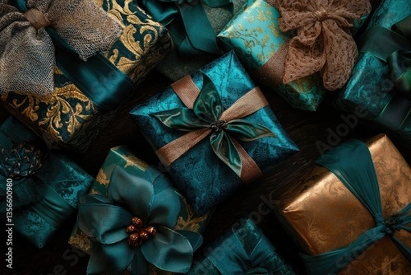 Fototapeta Luxurious teal and gold gift boxes with elegant ribbons and bows, creating a festive mood.