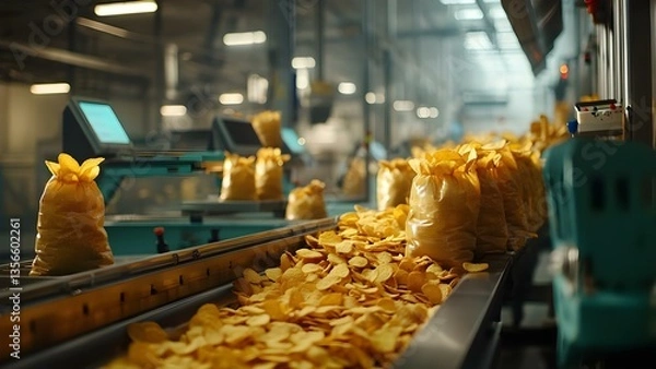 Fototapeta A production line in a factory with bags of potato chips being filled and stacked, surrounded by chips on a conveyor belt. Concept Production Line Efficiency, Potato Chips Packaging