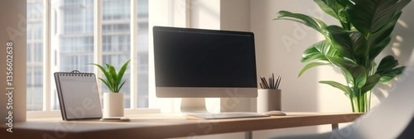 Fototapeta Tech-savvy freelancer working in modern office with dual monitors