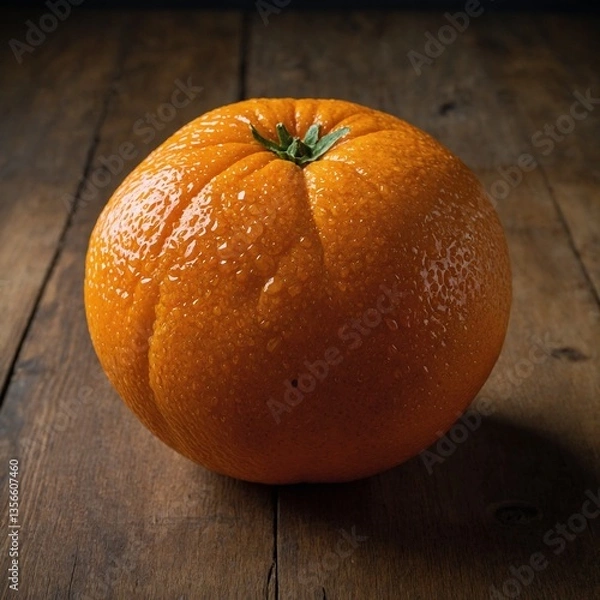 Fototapeta "A fresh, plump orange with a rough, dimpled surface, sitting on a textured wooden surface, natural light, no branding or stickers."


