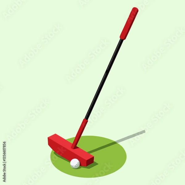 Fototapeta Isometric view of a red golf putter with a ball on a green surface