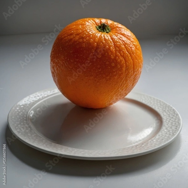 Fototapeta "A single ripe orange with a bright color and bumpy texture, sitting on a white ceramic plate, high detail, no markings or labels."


