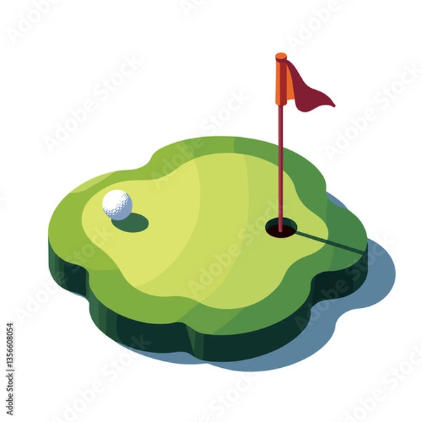 Fototapeta Isometric view of a golf hole with a ball and a flag on a putting green