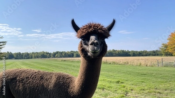 Fototapeta Curious alpaca gazes into camera, surrounded by lush green field