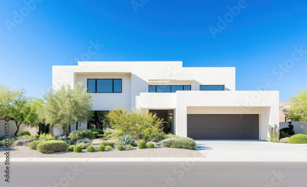 Obraz Modern minimalist residential home surrounded by lush desert landscaping