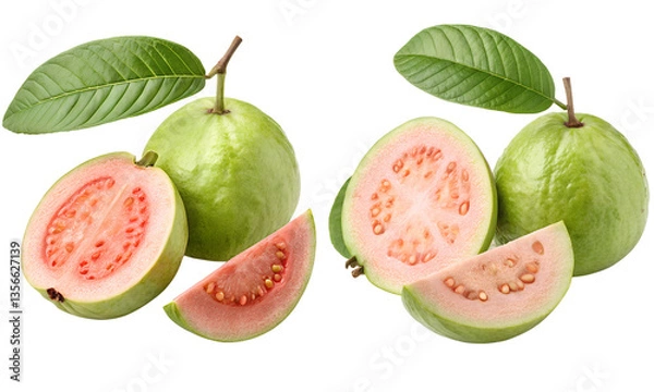 Fototapeta Guava fruit with leaves isolated, Fresh fruits collection, Collection set of whole and half pink guava with leaf isolated
